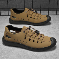 Men's Leather Cutout Sandals, Breathable Slip-On Casual Shoes, Adjustable Quick Lacing Outdoor Flats