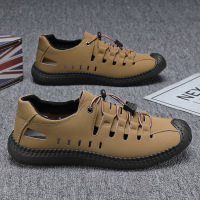 Men's Leather Cutout Sandals, Breathable Slip-On Casual Shoes, Adjustable Quick Lacing Outdoor Flats