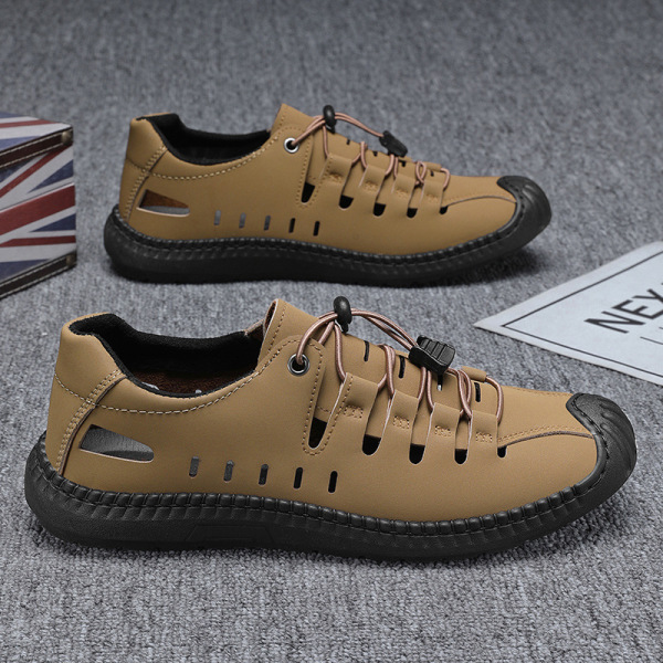 Men's Leather Cutout Sandals, Breathable Slip-On Casual Shoes, Adjustable Quick Lacing Outdoor Flats