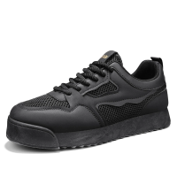 Men's Black Mesh & Leather Sneakers, Breathable Lace-Up Low-Top Shoes, Comfortable Non-Slip Walking Flats