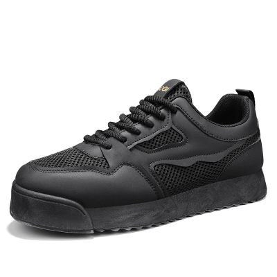 Men's Black Mesh & Leather Sneakers, Breathable Lace-Up Low-Top Shoes, Comfortable Non-Slip Walking Flats