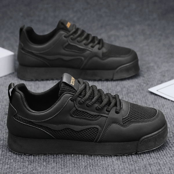 Men's Black Mesh & Leather Sneakers, Breathable Lace-Up Low-Top Shoes, Comfortable Non-Slip Walking Flats