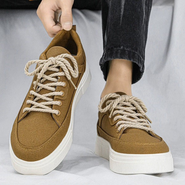 Men's Canvas Casual Sneakers, Thick Sole Lace-Up Low-Top Shoes, Comfortable Non-Slip Walking Flats