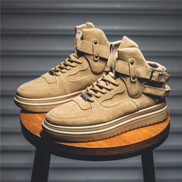 Men's High-Top Suede Sneakers, Buckle Strap Lace-Up Casual Shoes, Comfortable Non-Slip Platform Flats