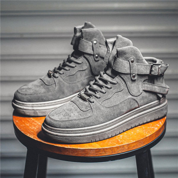 Men's High-Top Suede Sneakers, Buckle Strap Lace-Up Casual Shoes, Comfortable Non-Slip Platform Flats