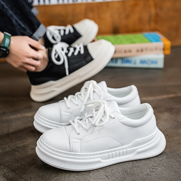 Men's Leather Platform Sneakers, Lace-Up Low-Top Casual Shoes, Comfortable Non-Slip Thick Sole Flats