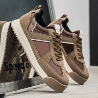 Men's Retro Leather & Fabric Sneakers, Casual Lace-Up Low-Top Shoes, Comfortable Gum Sole Walking Flats