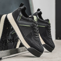 Men's Retro Leather & Fabric Sneakers, Casual Lace-Up Low-Top Shoes, Comfortable Gum Sole Walking Flats