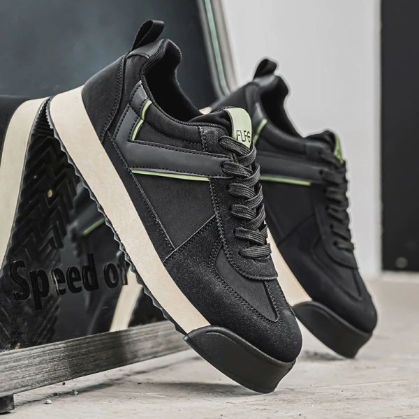 Men's Retro Leather & Fabric Sneakers, Casual Lace-Up Low-Top Shoes, Comfortable Gum Sole Walking Flats