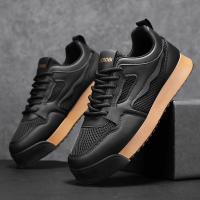 Men's Retro Mesh & Leather Sneakers, Breathable Lace-Up Low-Top Shoes, Non-Slip Gum Sole Casual Flats