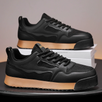Men's Retro Mesh & Leather Sneakers, Breathable Lace-Up Low-Top Shoes, Non-Slip Gum Sole Casual Flats